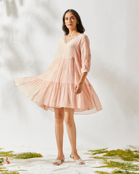 Devyani Mehrotra-Peony Pink Mirror Work Tiered Dress-INDIASPOPUP.COM