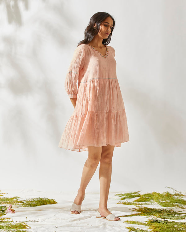 Devyani Mehrotra-Peony Pink Mirror Work Tiered Dress-INDIASPOPUP.COM