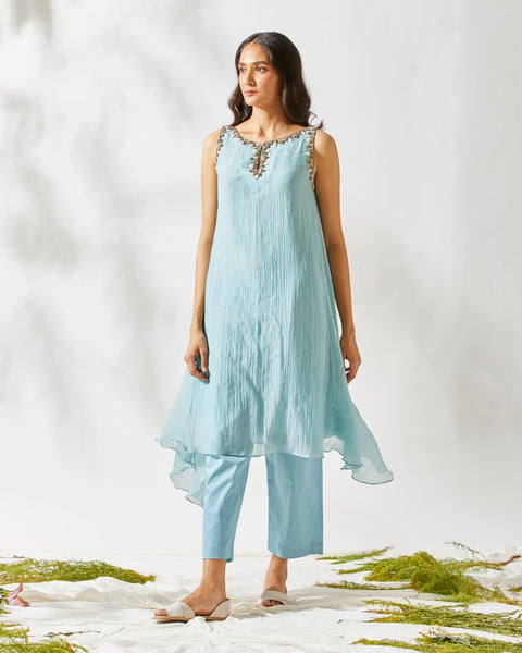 Devyani Mehrotra-Blue Daisy Embellished Asymmetrical Tunic-INDIASPOPUP.COM