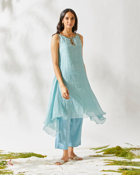 Devyani Mehrotra-Blue Daisy Embellished Asymmetrical Tunic-INDIASPOPUP.COM