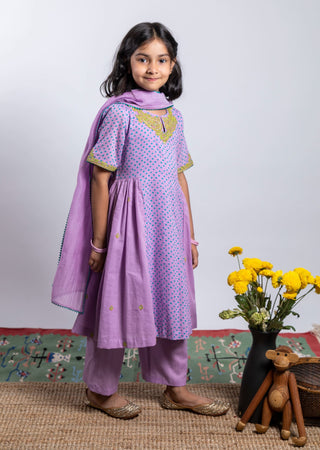 Boteh Kids-Purple Printed Embroidered Kurta Set-INDIASPOPUP.COM