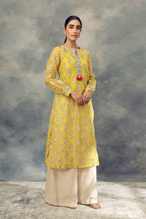 Bhumika Sharma-Mustard Long Kurta With Pallazo Pants-INDIASPOPUP.COM