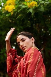 Chandrima-Red Gather Dress Kurta-INDIASPOPUP.COM