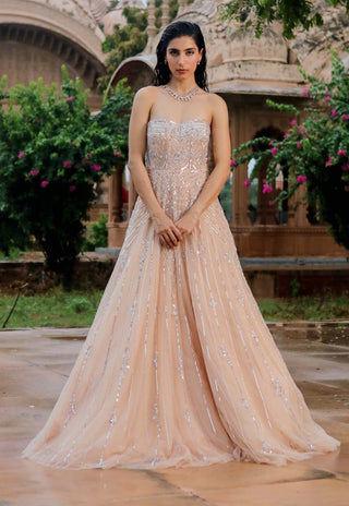 Jigar Mali-Nude Silver Flared Gown-INDIASPOPUP.COM