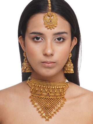 Preeti Mohan-Gold Plated Temple Choker Necklace Set-INDIASPOPUP.COM