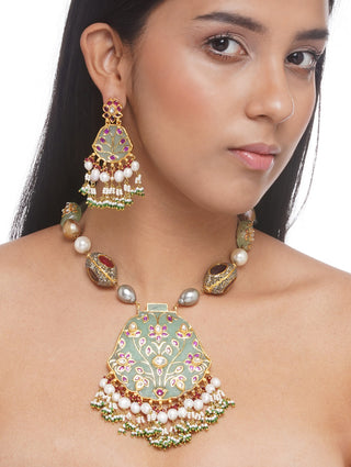 Preeti Mohan-Red Mint Pendant Necklace With Earring-INDIASPOPUP.COM