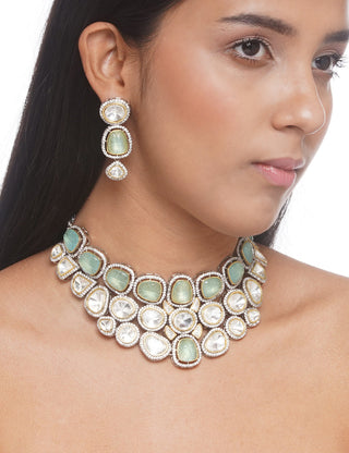 Preeti Mohan-Antique Mint Polki Necklace With Earring-INDIASPOPUP.COM