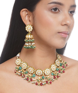 Preeti Mohan-Red Green Necklace With Earring-INDIASPOPUP.COM