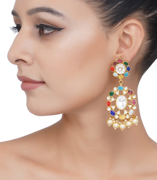 Preeti Mohan-Gold Plated Navratan Kundan Earrings-INDIASPOPUP.COM