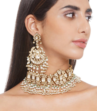 Preeti Mohan-Green & White Choker Necklace With Earring-INDIASPOPUP.COM