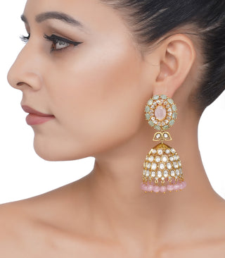 Preeti Mohan-Gold Plated Pink And Mint Kundan Jhumka-INDIASPOPUP.COM