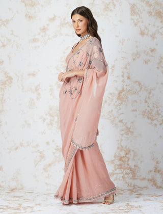 Devyani Mehrotra-Pink Antique Work Saree With Unstitched Blouse-INDIASPOPUP.COM