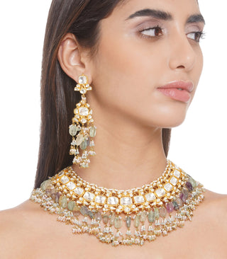 Preeti Mohan-Gold Plated Fluorite Kundan Necklace With Earring-INDIASPOPUP.COM