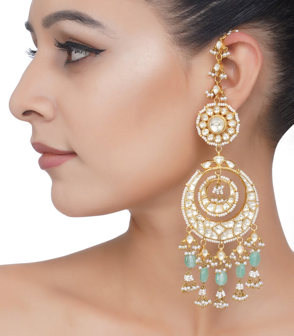 Preeti Mohan-Gold Plated Mint Kundan Big Chandbali Earring-INDIASPOPUP.COM
