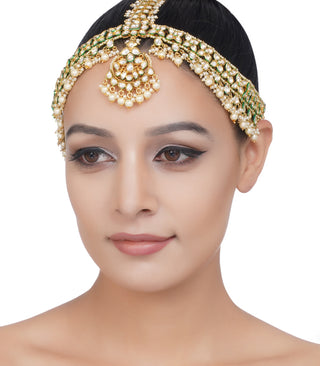 Preeti Mohan-Gold Plated Samyukta White Kundan Mathapatti With Pearls-INDIASPOPUP.COM