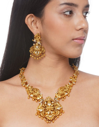 Preeti Mohan-Lakshmi Temple Pendant Necklace With Earring-INDIASPOPUP.COM