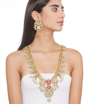Preeti Mohan-Red & Green Gutta Pusalu Necklace With Earring-INDIASPOPUP.COM