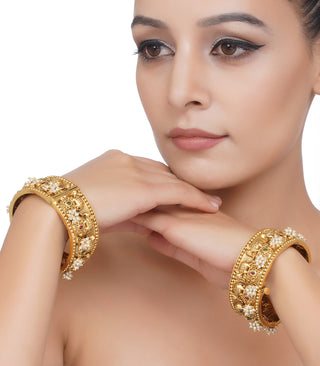 Preeti Mohan-Gold Plated Red & Green Elephant Temple Bangles With Pearls-INDIASPOPUP.COM
