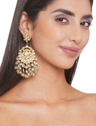 Preeti Mohan-White & Green Kundan Chandbali Earring-INDIASPOPUP.COM