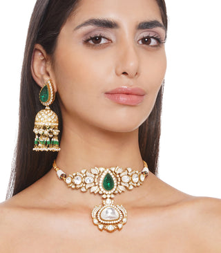 Preeti Mohan-Green Polki Choker With Earring-INDIASPOPUP.COM