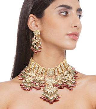 Preeti Mohan-Red & Green Kundan Necklace With Earring-INDIASPOPUP.COM