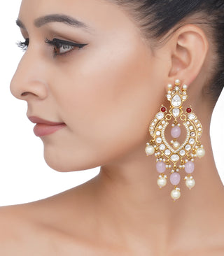 Preeti Mohan-Gold Plated Pink And Red Peacock Kundan Earrings-INDIASPOPUP.COM