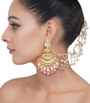 Preeti Mohan-Gold Plated Pink Kundan Ear Chain-INDIASPOPUP.COM
