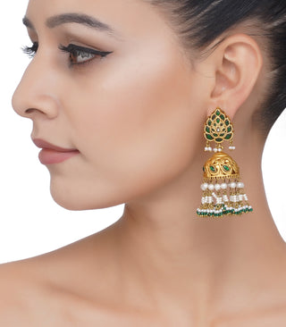 Preeti Mohan-Gold Plated Green Jhumka Earring-INDIASPOPUP.COM