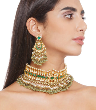 Preeti Mohan-Green Kundan Choker Necklace With Earring-INDIASPOPUP.COM