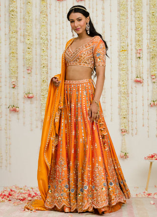 Sanya Gulati-Rust Orange Embroidered Lehenga Set-INDIASPOPUP.COM