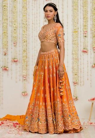 Sanya Gulati-Rust Orange Embroidered Lehenga Set-INDIASPOPUP.COM