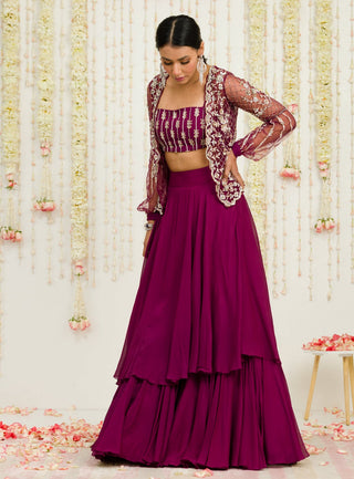 Sanya Gulati-Plum Embroidered Jacket And Skirt Set-INDIASPOPUP.COM