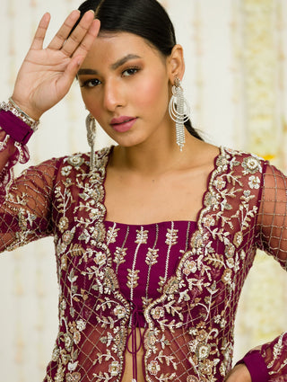 Sanya Gulati-Plum Embroidered Jacket And Skirt Set-INDIASPOPUP.COM