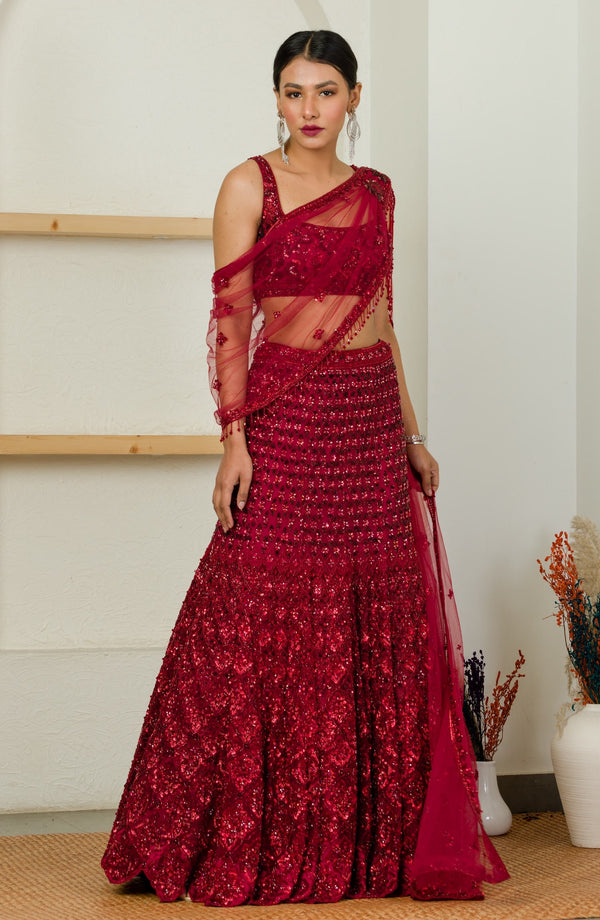 Sanya Gulati | Ombre Red Hand Embroidered Lehenga Set | INDIASPOPUP.COM