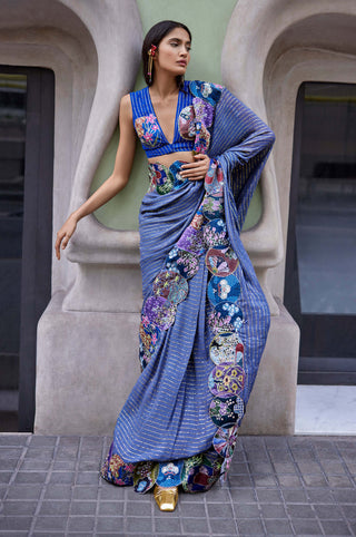 Aisha Rao-Blue Embellished Sari With Blouse-INDIASPOPUP.COM