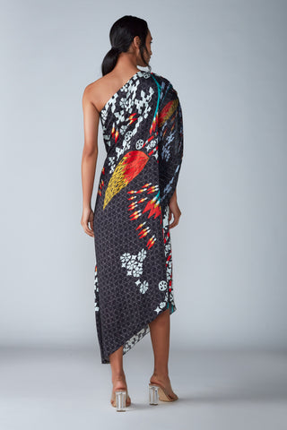 Saaksha & Kinni-Multicolor Abstract One Shoulder Belted Dress-INDIASPOPUP.COM