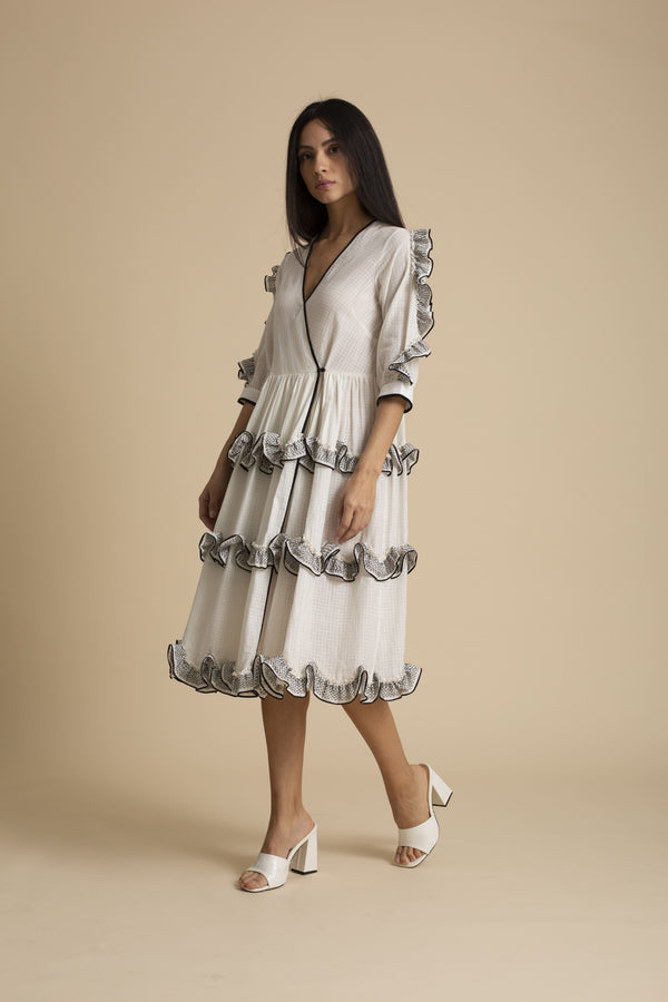 Kanelle-Ivory Stitch Frill Dress-INDIASPOPUP.COM
