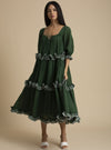 Kanelle-Green Stitch Frill Peasant Dress-INDIASPOPUP.COM