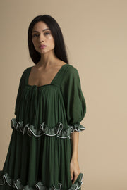 Kanelle-Green Stitch Frill Peasant Dress-INDIASPOPUP.COM