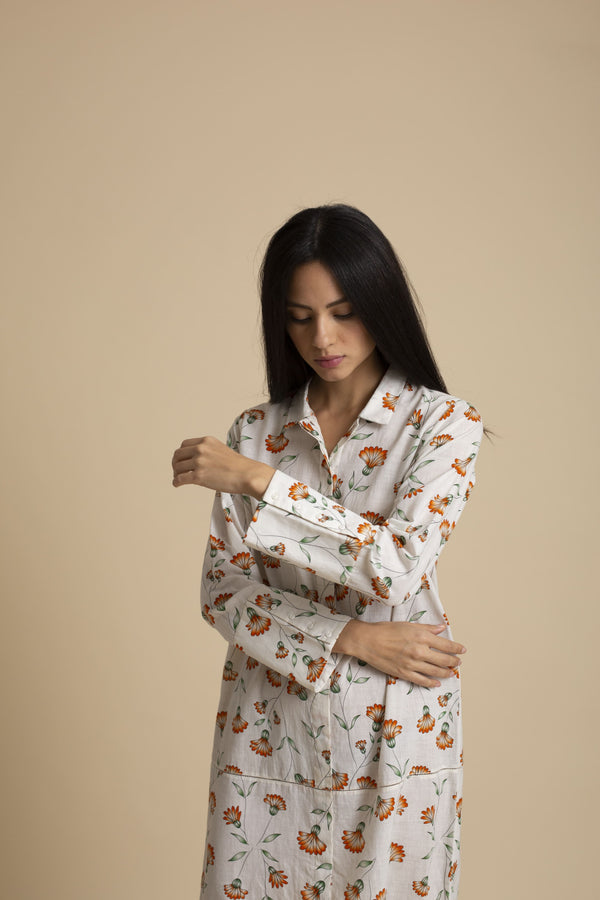 Kanelle-Ivory Printed Shirt Dress-INDIASPOPUP.COM