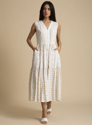 Kanelle-Ivory Beaded Dress With Gathers-INDIASPOPUP.COM