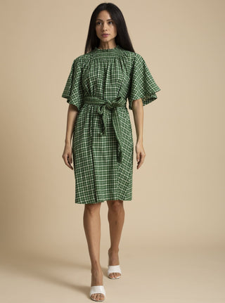 Kanelle-Green Checkard Dress With Belt-INDIASPOPUP.COM