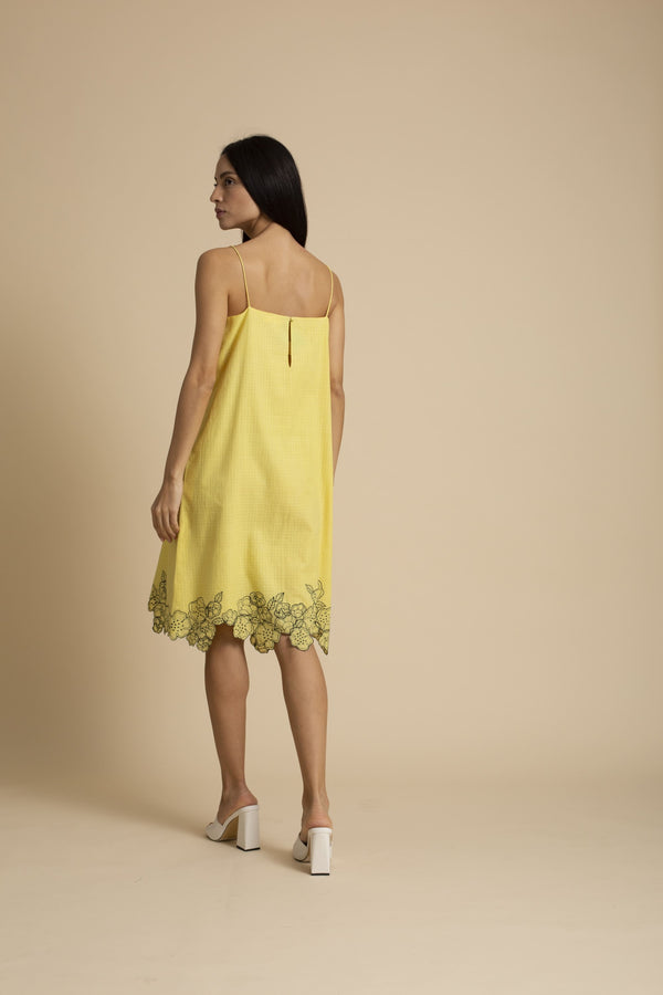 Kanelle-Yellow Cut-Work Hem Slip Dress-INDIASPOPUP.COM