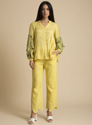 Kanelle-Yellow Cut-Work Sleeve Top With Pants-INDIASPOPUP.COM