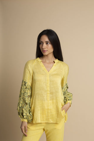 Kanelle-Yellow Cut-Work Sleeve Top With Pants-INDIASPOPUP.COM