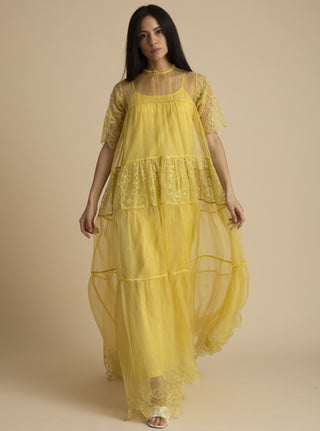 Kanelle-Yellow Cut Work Hem Maxi Dress-INDIASPOPUP.COM