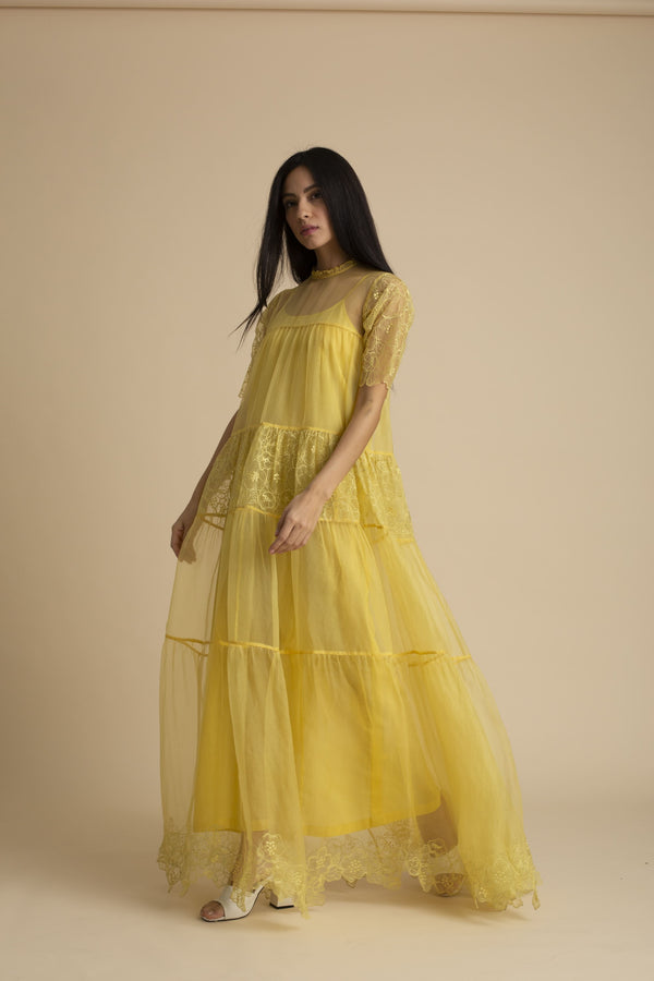 Kanelle-Yellow Cut Work Hem Maxi Dress-INDIASPOPUP.COM