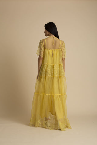 Kanelle-Yellow Cut Work Hem Maxi Dress-INDIASPOPUP.COM