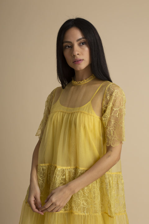 Kanelle-Yellow Cut Work Hem Maxi Dress-INDIASPOPUP.COM