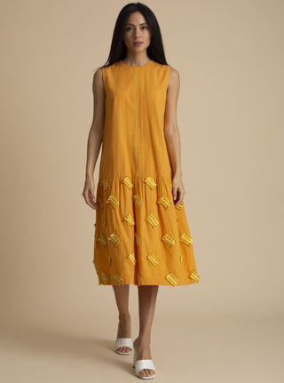 Kanelle-Yellow A-Line Dress With Relief Detail-INDIASPOPUP.COM